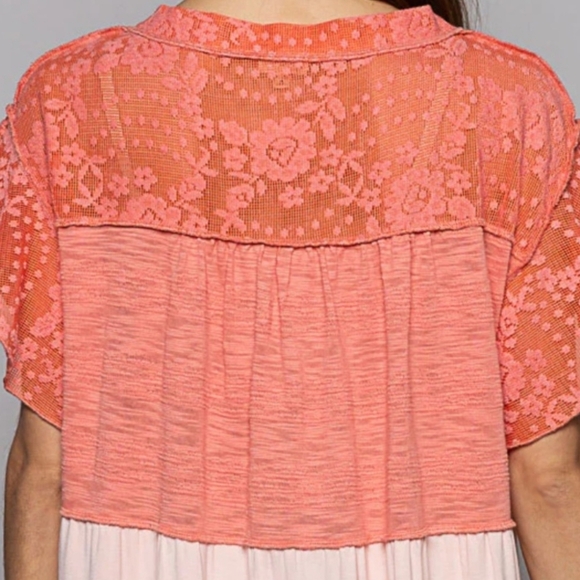 NWOT POL Pink Mixed Media Floral Mesh Ruffle Sleeve Tiered Hem Flowy Blouse Top - Picture 11 of 12